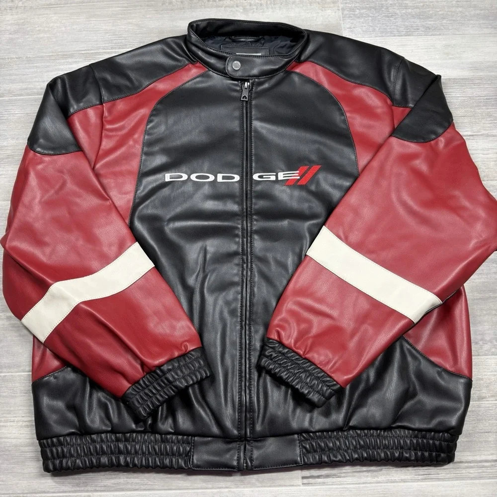Faux Leather Dodge Graphic Full Zip‎ Jacket Men's XXL Embroidered Black NWT